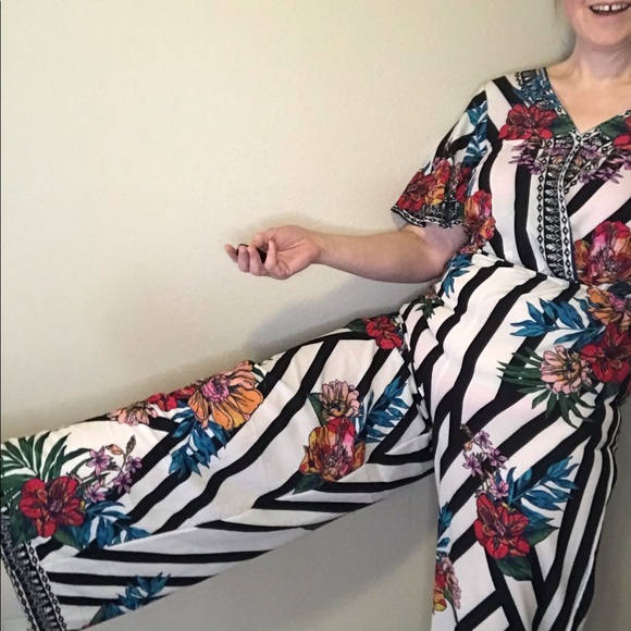 Flying Tomato Pants - Flying Tomato jumpsuit large floral print &stripes